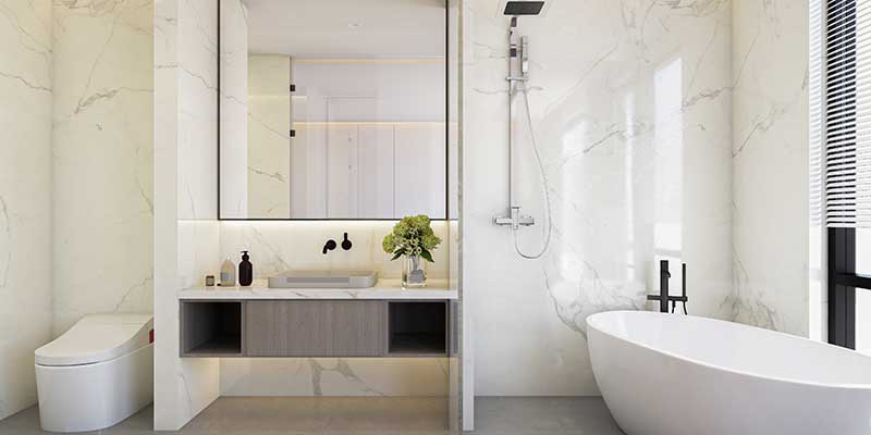 Large format porcelain floor tiles accent walls