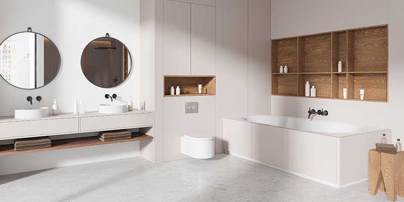 This layout features wall mounted vanities